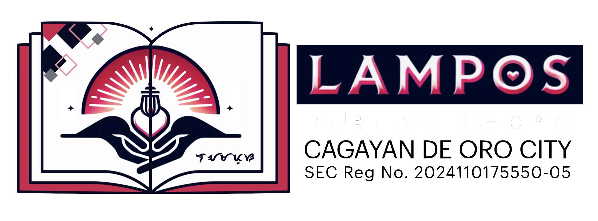 Logo of Lampos Publishing OPC showing an open book with radiant light, a heart-shaped light bulb held by two hands, and stylized text 'LAMPOS Publishing OPC, Cagayan de Oro City, SEC Reg No. 2024110175550-05' on a transparent background.